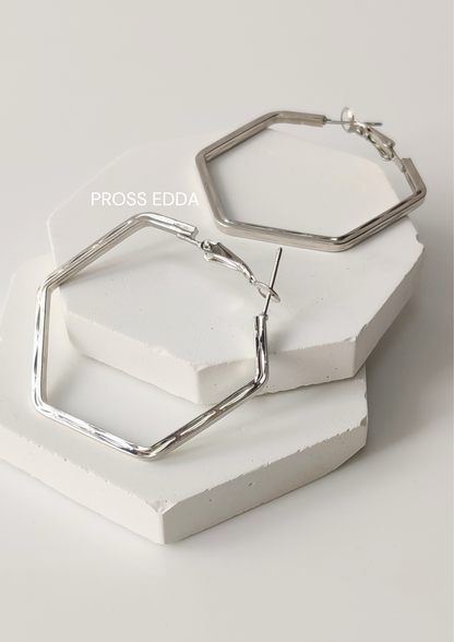 SILVER HEXAGON  HOOP EARRING